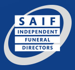 SAIF Independent Funeral Directors logo in white and light grey on a blue background with an oval swoosh design.