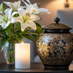 A decorative black and gold urn sits on a table beside a lit white candle and a vase of white lilies, creating a peaceful setting often arranged by a caring Funeral Director, with a blurred background of a sofa and wall lamp.
