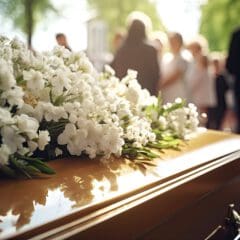 A polished wooden coffin adorned with white flowers, surrounded by blurred figures gathered outdoors in sunlight, suggesting a funeral or memorial service—an event that highlights the importance of considering Pre Paid Funerals and Funeral Costs.