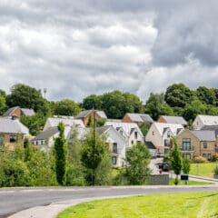 A modern suburban neighborhood with detached houses, green lawns, and trees under a cloudy sky. The road curves in the foreground, leading towards homes where a local Funeral Director offers guidance on Pre Paid Funerals amid the lush greenery.