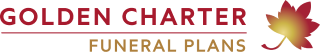 Golden Charter Funeral Plans logo with “GOLDEN CHARTER” in red, “FUNERAL PLANS” in gold, and a stylized golden and red maple leaf on the right side.