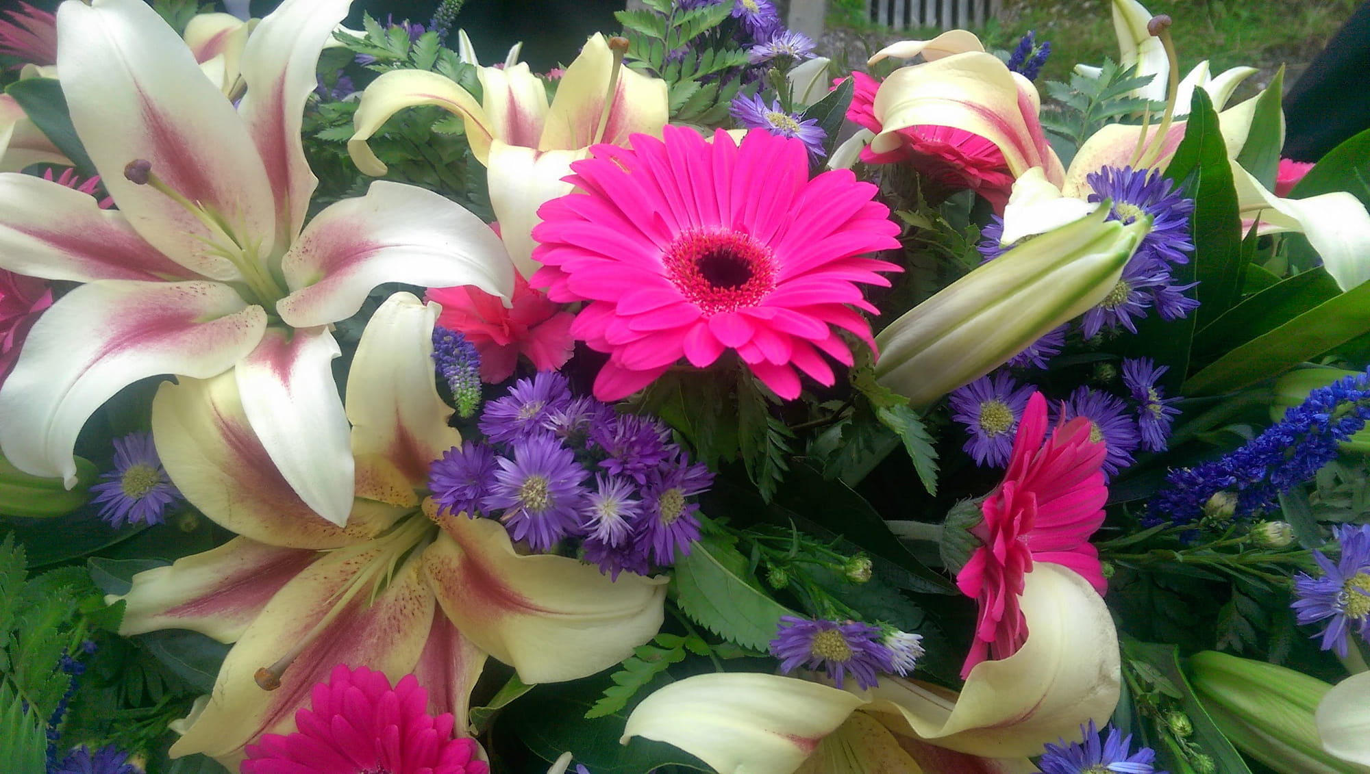 A colorful bouquet featuring pink gerbera daisies, cream lilies with burgundy centers, and small purple flowers, surrounded by green leaves.