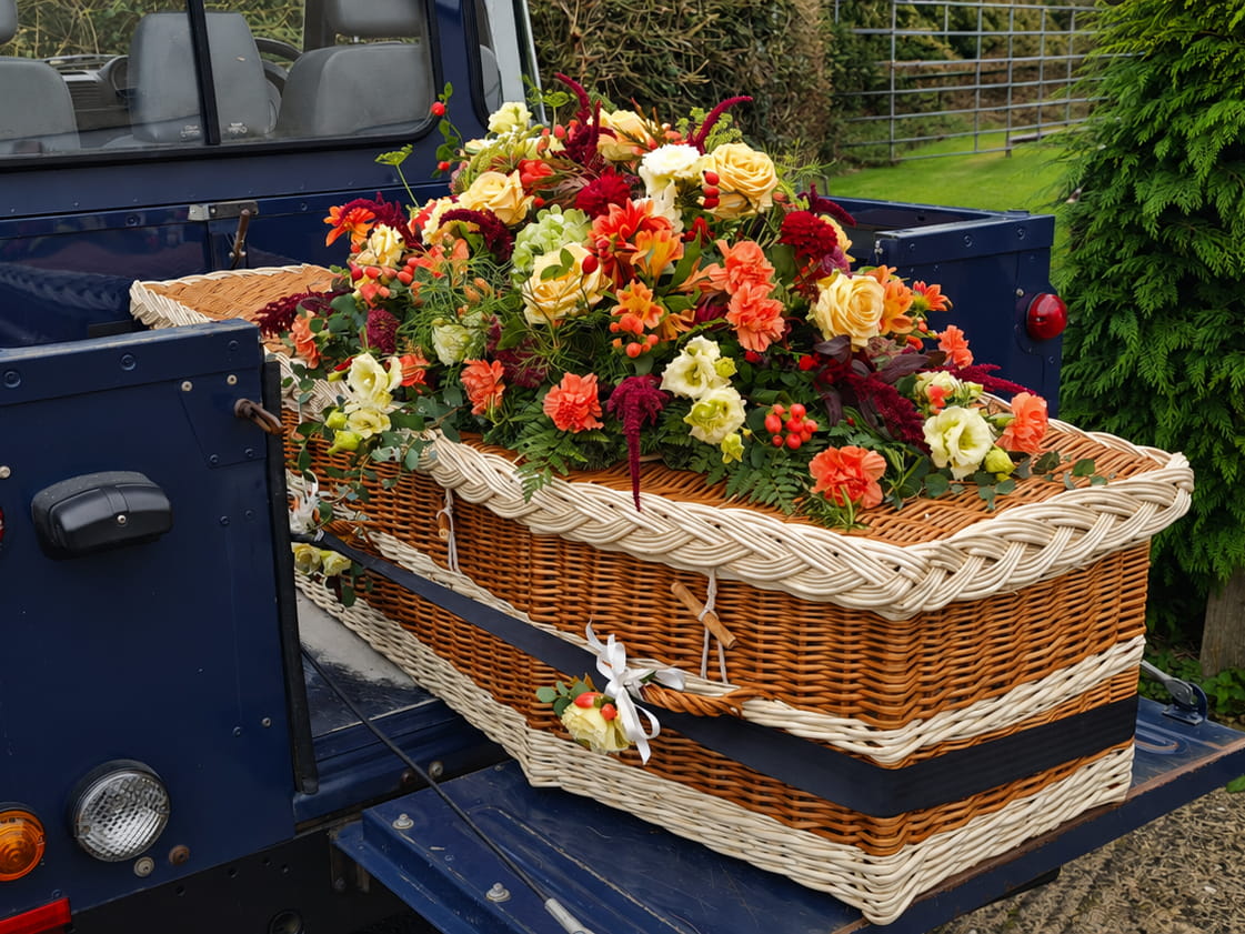 A wicker coffin adorned with colorful flowers rests in the back of a blue vehicle, set outdoors near greenery and a metal fence.